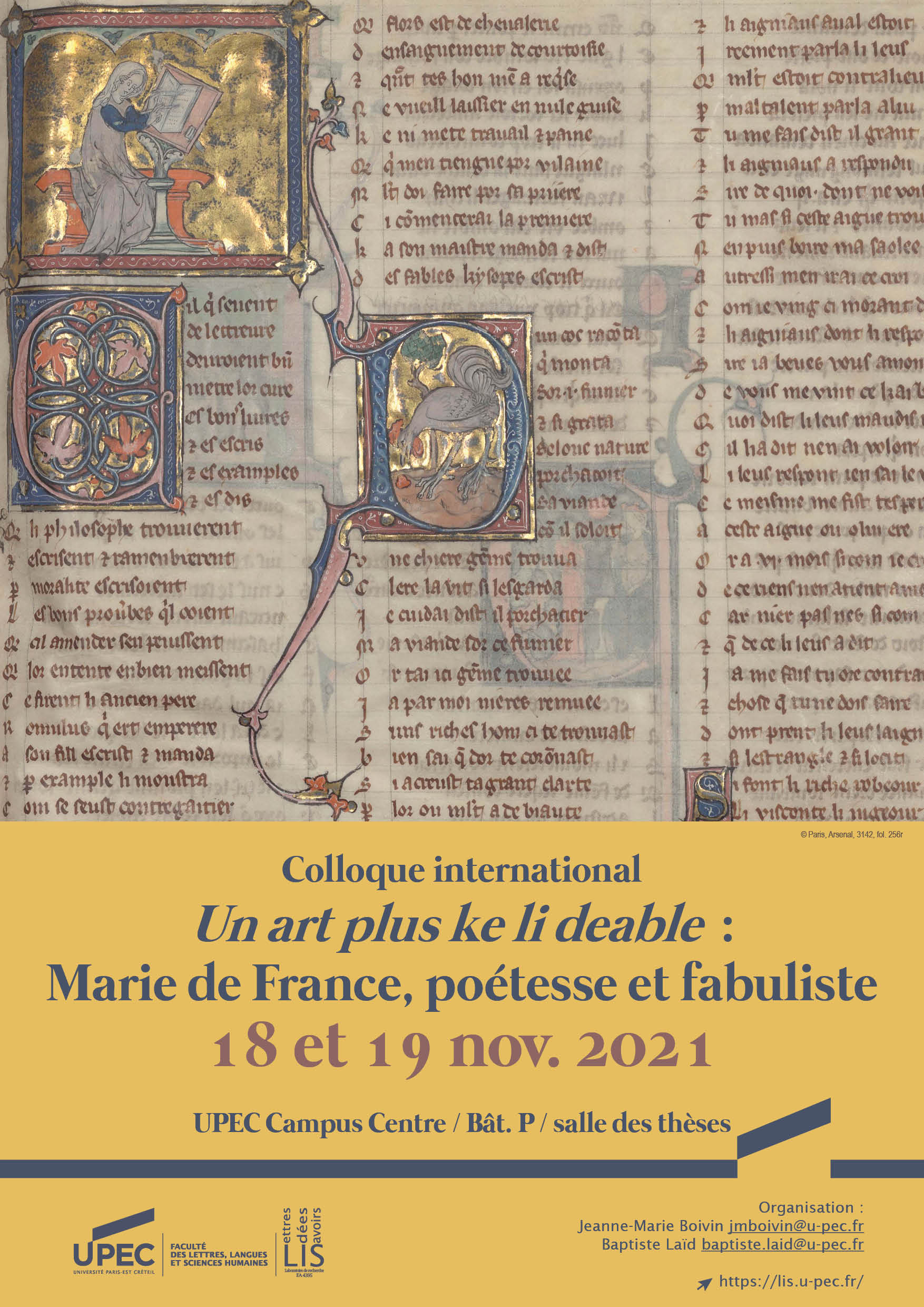 Affiche colloque international Un art plus ke li deable : Marie de France, poétesse et fabuliste 18 et 19 novembre 2021